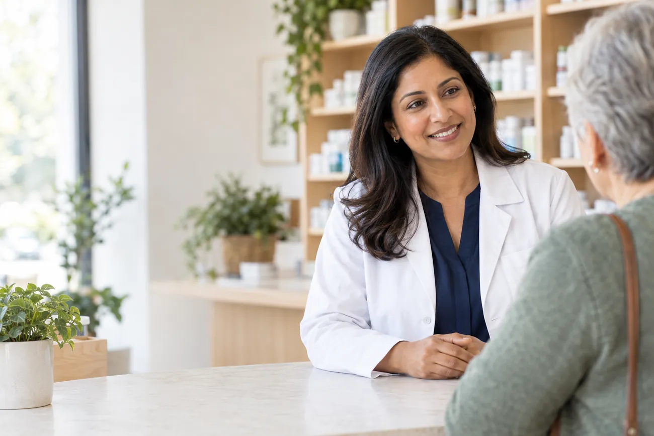 A pharmacist smiling while talking with a patient at the pharmacy counter